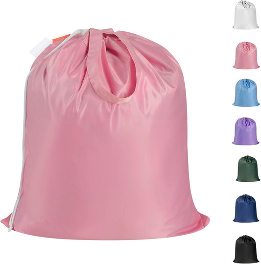 Polecasa Small Heavy Duty Laundry Bag with 130gsm Tear Resistant Fabric and Handles, Easy to Carry Durable Dirty Clothes Drawstring Bag, Perfect for College Dorm, Travel 21”x24”, Pink
