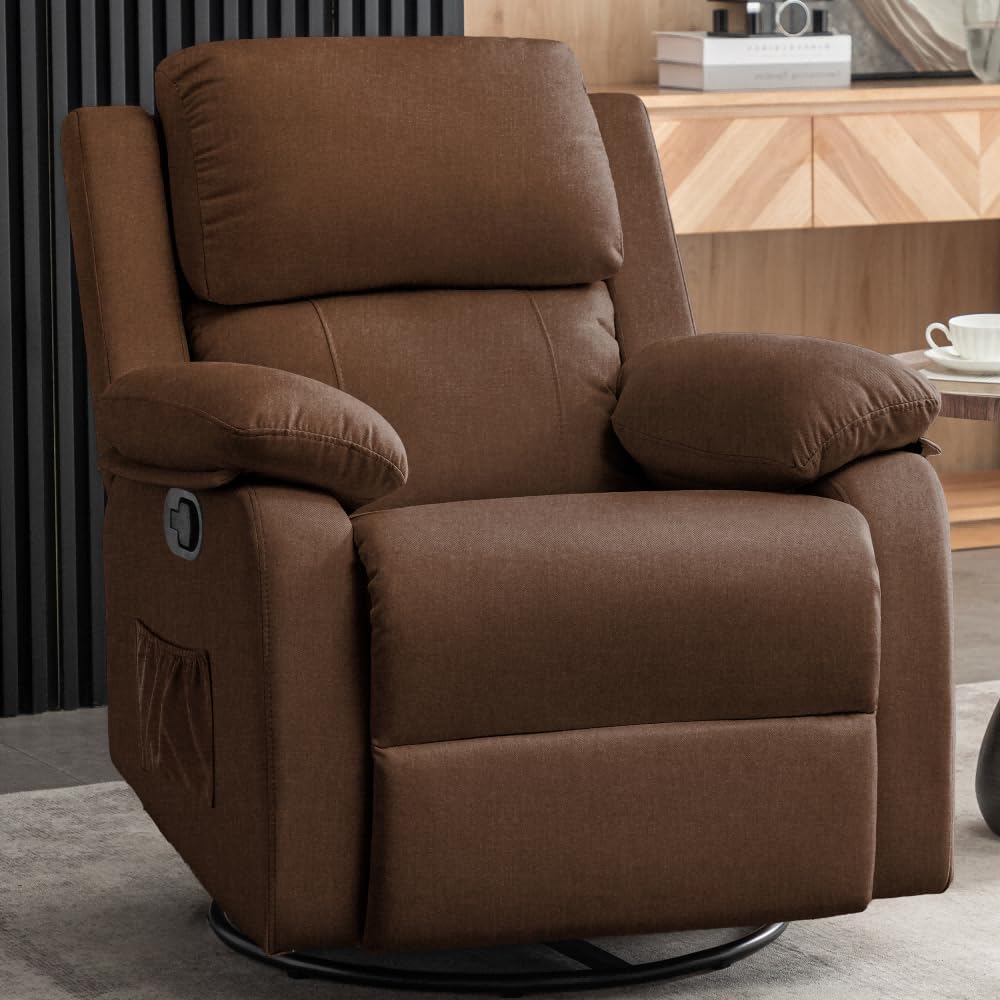 Recliner Chair, 360 Swivel Rocker Chair for Adults, Small Rocking Recliner Chair for Small Spaces, Upholstered Fabric Glider Recliner Nursery Chair with Side Pockets for Nursery, Living Room