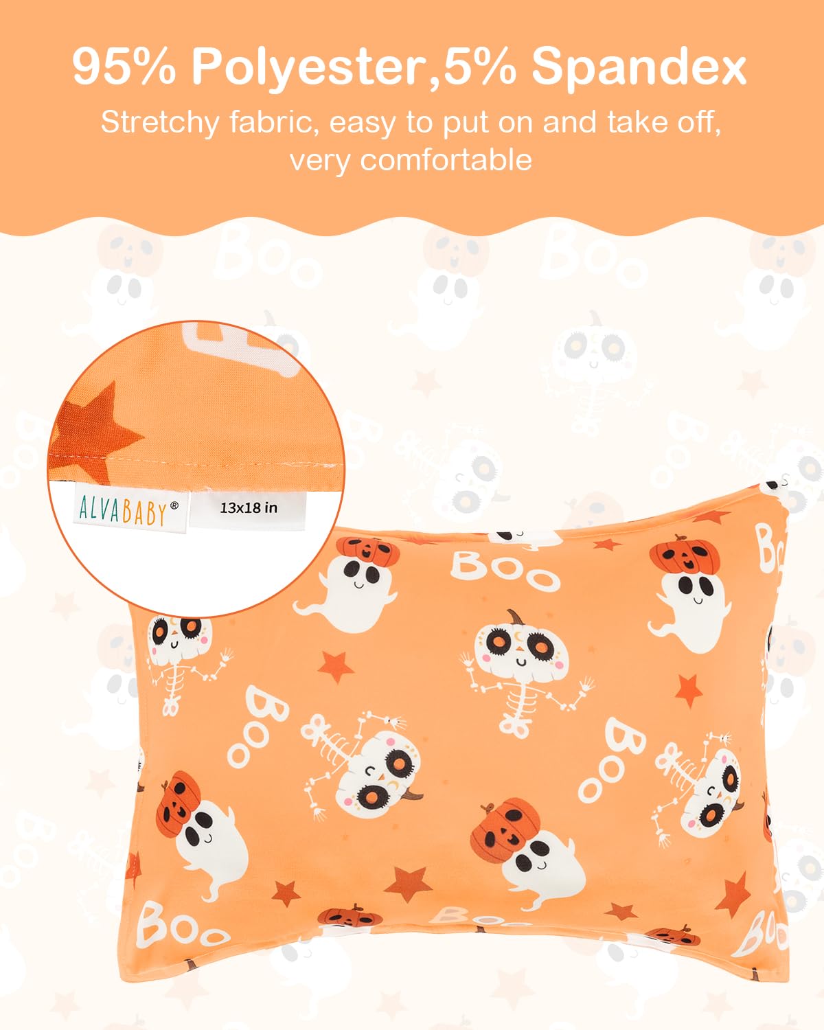 ALVABABY Toddler Pillowcases Stretchy Soft Kids Pillow Cover 2 Pack Fit 13"x 18" or 12"x16" Envelope for Girl Boy Sleepy Travel Halloween 2TPE35A