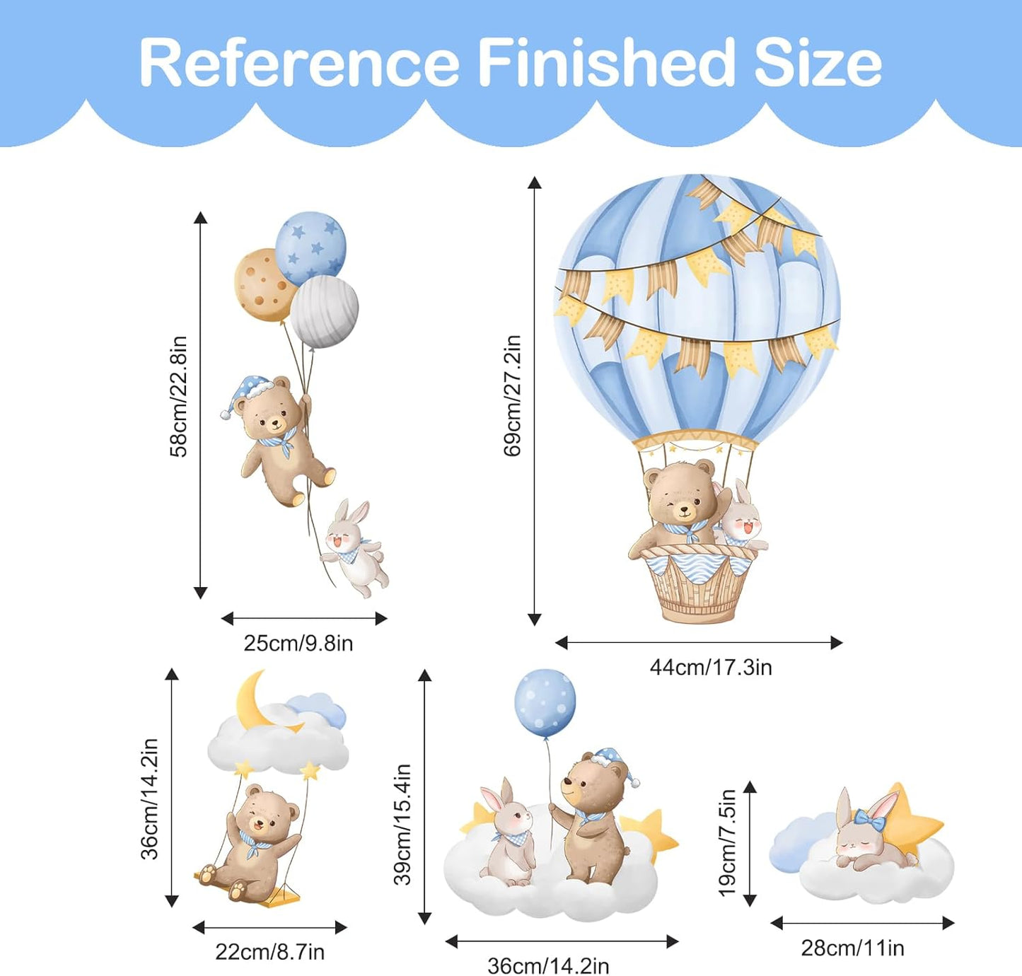 Tanlaby Blue Hot Air Balloon Wall Stickers Cartoon Bear Rabbit Stars Planets Wall Decals Peel and Stick Art Decor for Nursery Kids Bedroom Playroom Daycare Classroom