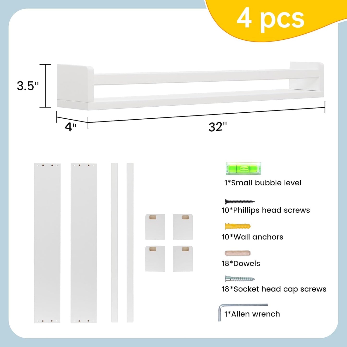 Fun Memories Nursery Book Shelves - Rustic Natural Solid Wood Floating Bookshelf for Kids - Wall Book Shelves for Kids Room (White, 32inch - 4P)