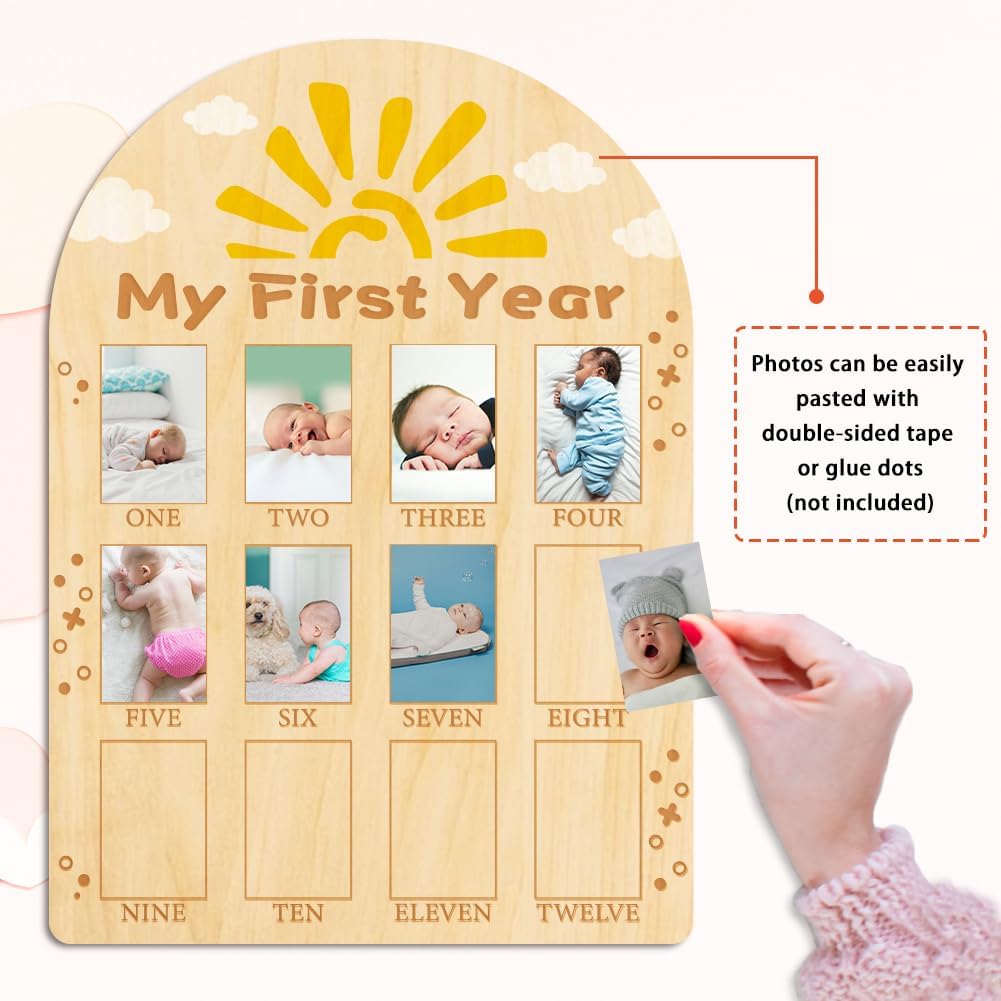 ORIGACH My First Year Baby Growth Photo Display Wood Board - 12 Months Newborn Milestones Photo Board - Neutral Baby Keepsake Frame 1st Birthday Party Nursery Decor New Mom Gift - Sun & Cloud