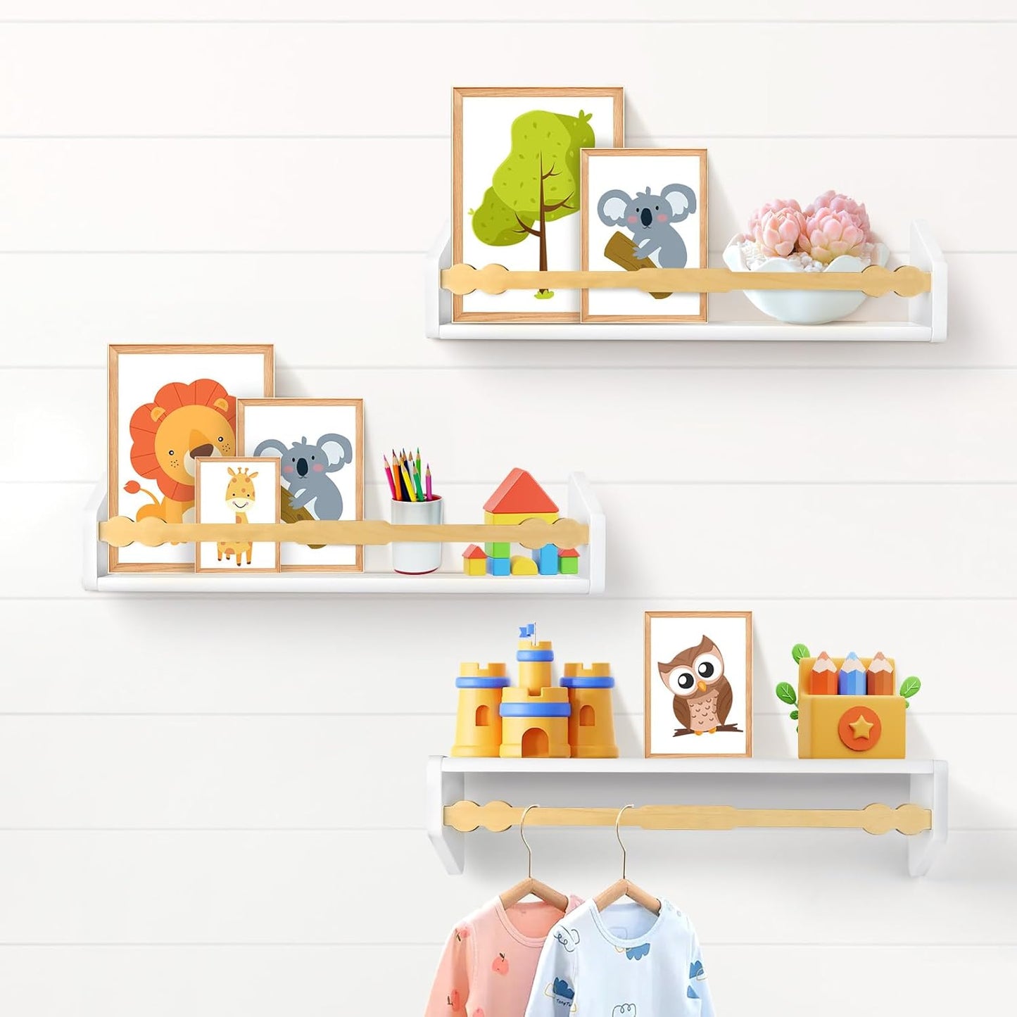 comfoyar Nursery Book Shelves Set of 3, 15.7 Inch Solid Pine Floating Shelves for Wall, Hanging Bookshelf for Kids Boys Girls Baby, Decoration for Bedroom Kitchen Bathroom Playroom, White and Natural