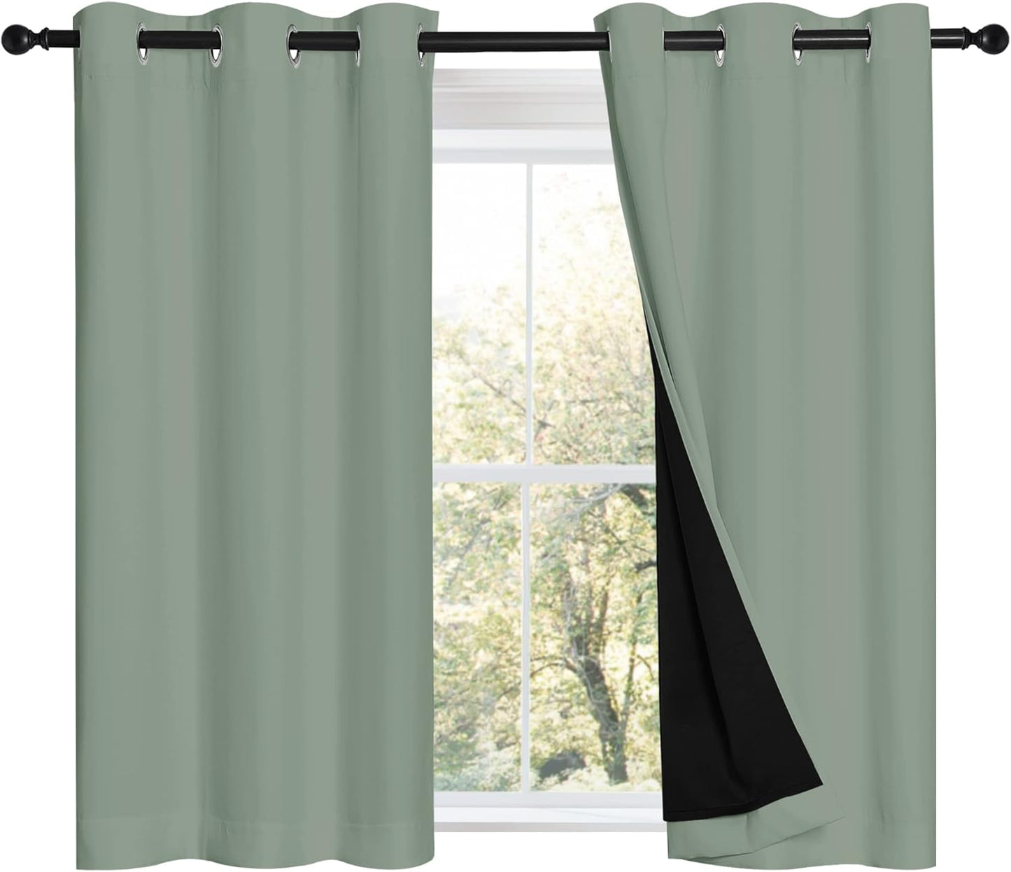 NICETOWN Greyish Green 100% Blackout Curtains 45 inches Long, 2 Thick Layers Completely Blackout Window Treatment Thermal Insulated Lined Drapes for Small Window (1 Pair, 42 inches Width Each Panel)