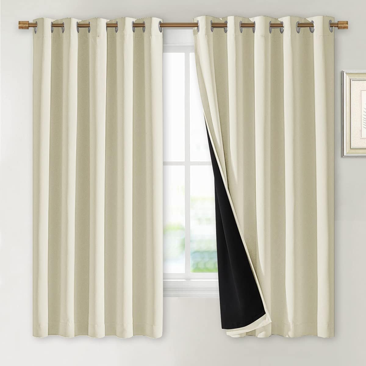 NICETOWN Living Room Completely Shaded Draperies, Privacy Protection & Noise Reducing Ring Top Drapes, Black Lined Insulated Window Treatment Curtain Panels (Beige, 2 Pieces, W70 x L63)