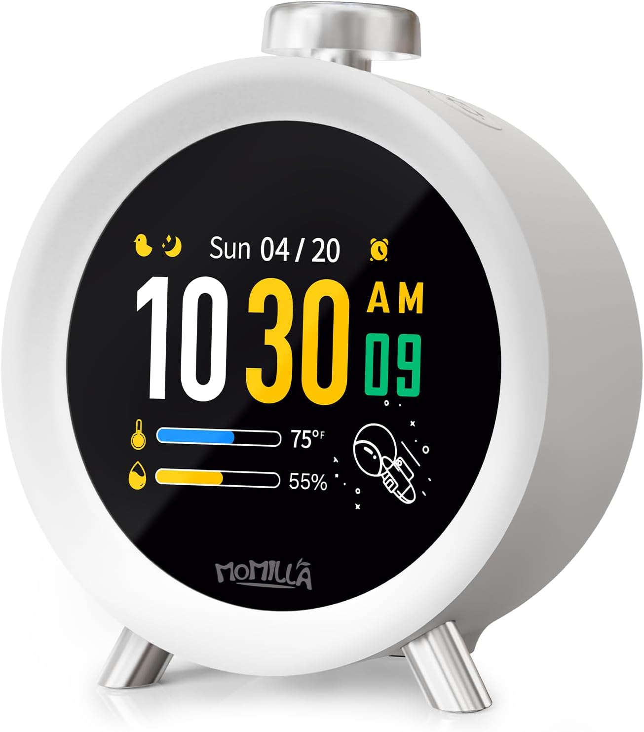 MOMILLA Alarm Clock for Heavy Sleepers, Colorful Screen Temperature, Loud 7-Day Programmable 4 Alarms, Small Clocks Bedrooms for Kids Adults Boys Girls, Easy to Set, Digital White Noise, Hourly Chime