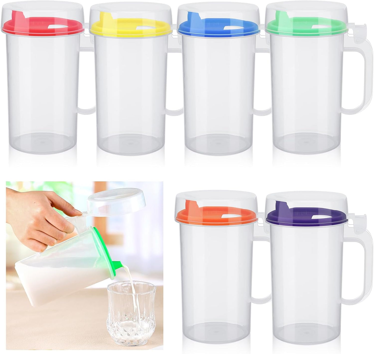 Newtay 6 Pack Early Learning Kids Easy Pouring Mini Pitchers Clear Plastic Pitcher with Lid and Handle Easy Pour Bottles 16 Oz. Jugs with Lids for Classroom Nursery Home (Colorful)