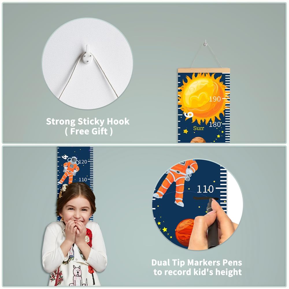 Baby Height Growth Chart - Canvas Height Chart for Kids Baby Child Toddler Boys Girls Growth Chart for Wall Room Nursery Decor Hangable and Removable Measuring Wall Ruler (Rocket, Beige Wood)