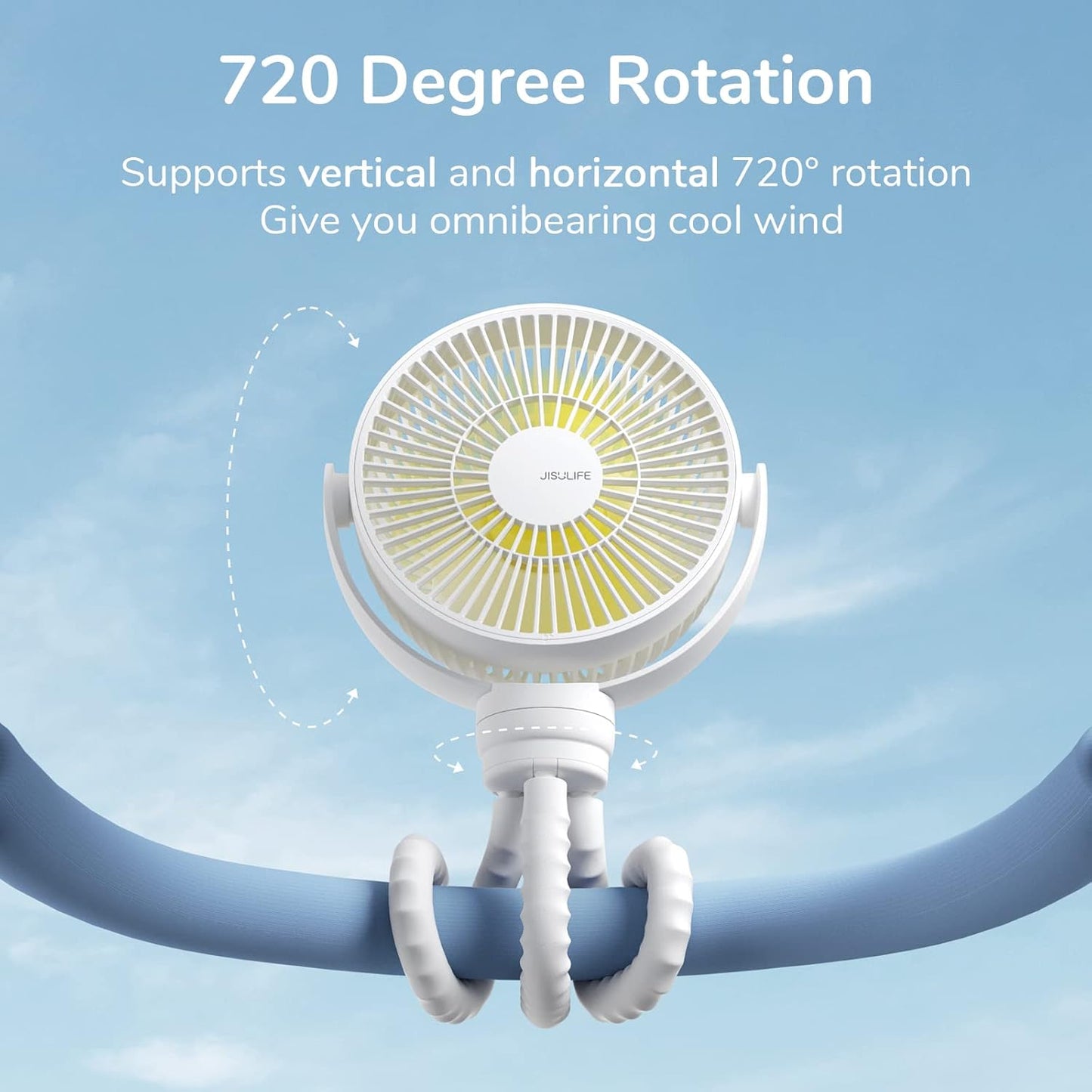 JISULIFE Mini Stroller Fan 4000mAh Battery Operated with 4 Speeds, Rechargeable 720°Rotatable, Clip on for Baby Carseat/Crib/Golf Cart/Treadmill -White