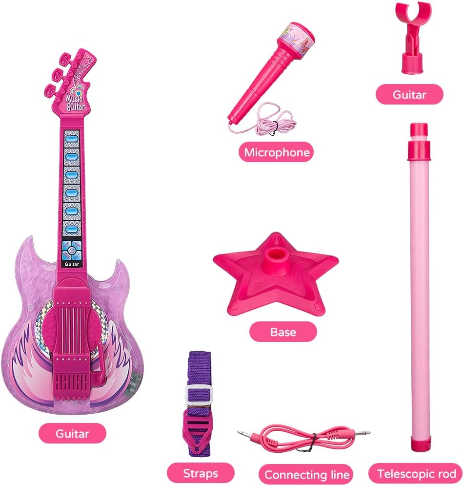 TAKIHON Guitar and Microphone Set for Kids,Guitar Toys with Music&Colorful Light,Adjustable Height Microphone with Stand,Karaoke Toys Gift for Boy,Girls,Toddlers(Red)-Upgraded