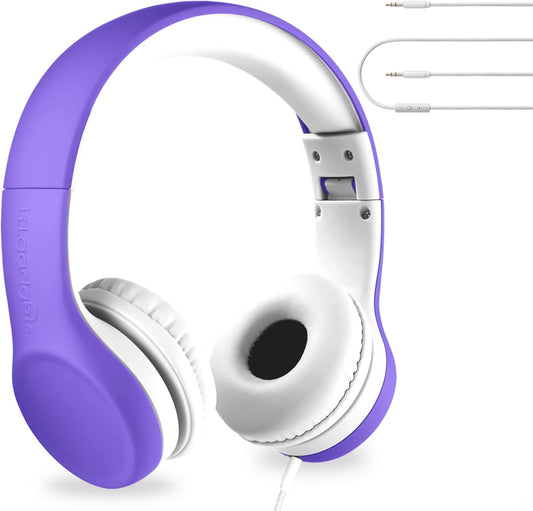 LilGadgets Connect+ Wired Kids Headphones for School with Mic, Volume Limited & Noise Reduction, On-Ear Headset with Cord, SharePort Technology for Multiple Kids & SoftTouch Padding, Purple