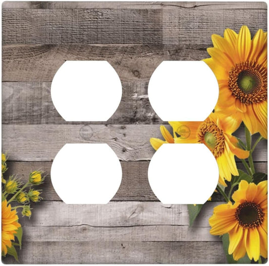 Sunflower Rustic Brown Gray Wood Outlet Covers 2 Gang Double Duplex Decorative Light Switch Covers Electrical Wallplates Socket Faceplate for Farmhouse Home Decor