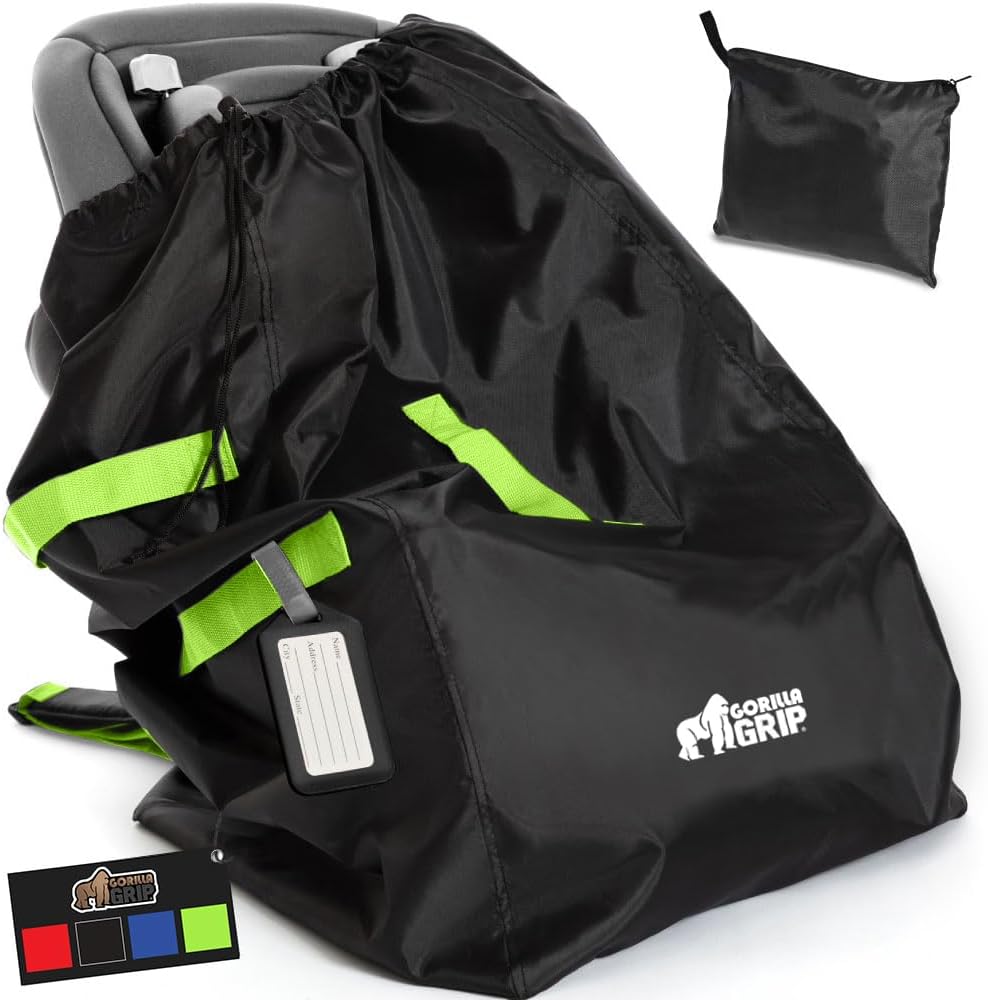 GORILLA GRIP Car Seat Travel Bag for Airplane Gate Check, Easy Carry Backpack Bags Cover Carseats, Infant Baby Carriers and Toddler Booster Seats for Airport, Child Air Travels Essential, Fluorescent