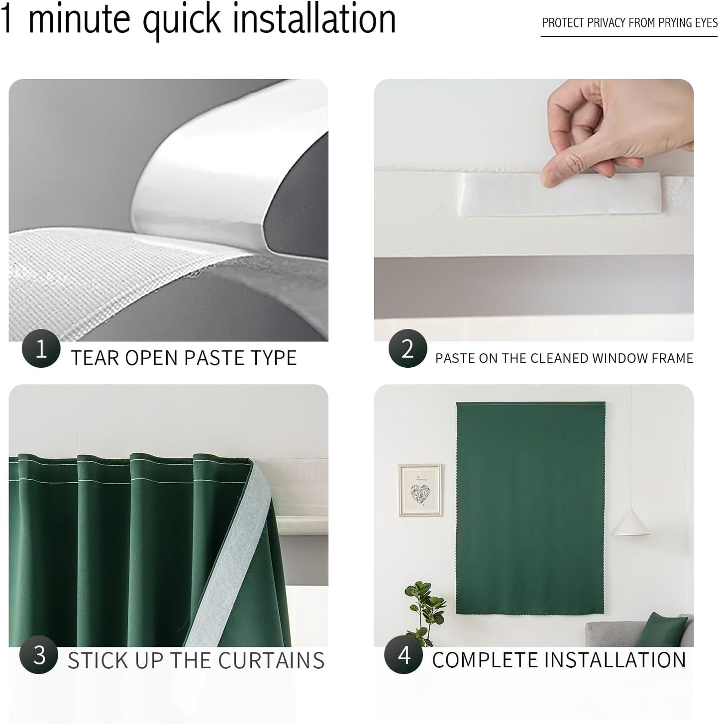 Blackout Curtains for Bedroom Stick On Curtains Window Shades Pull Down Blackout Window Cover No Drillng Self Adhesive Curtains No Rod Small Curtain, 59" W X 59" L, Dark Green, 1 Panel