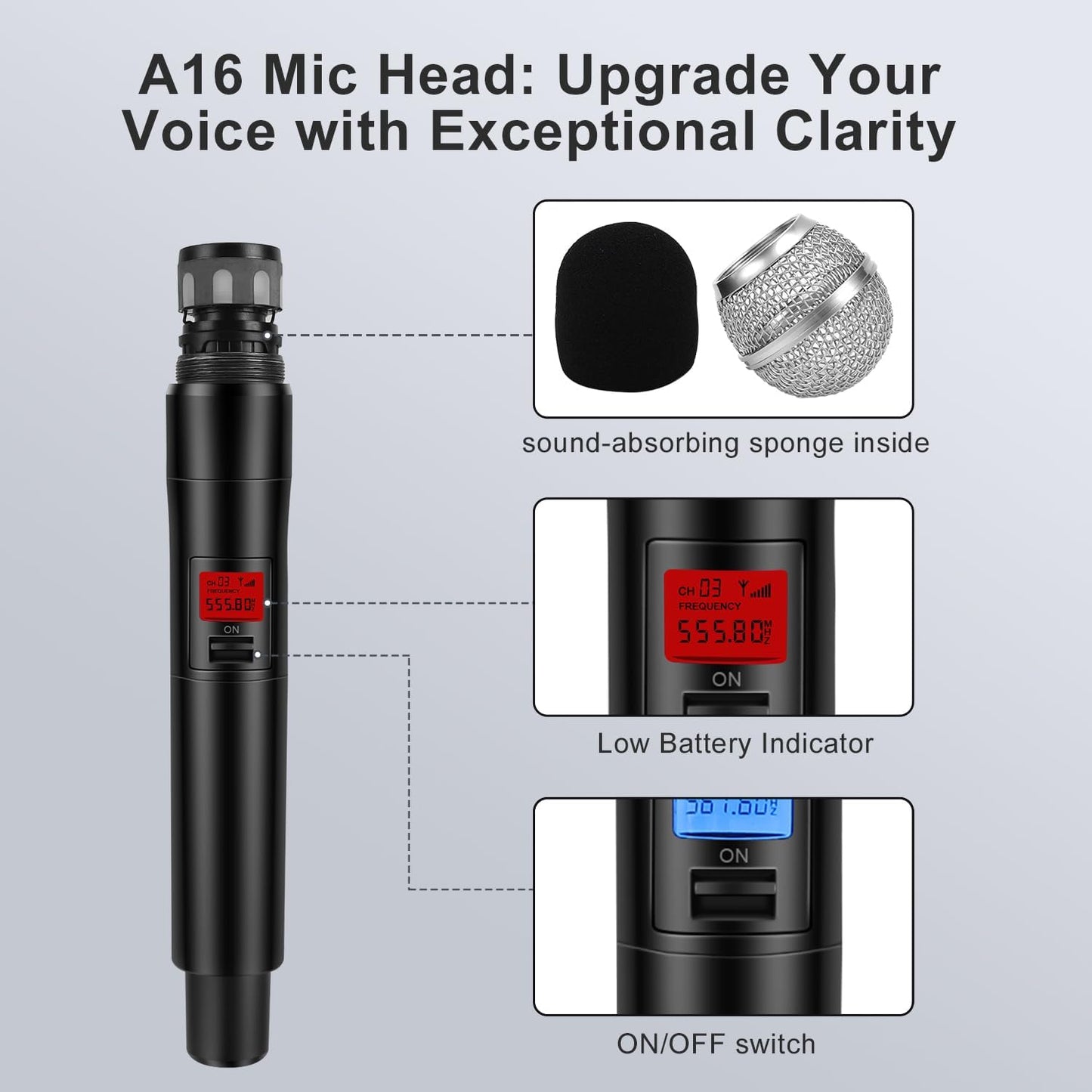 Wireless Microphone System, Dual UHF Metal Cordless Mic Set, Long Distance 150-200Ft,16 Hours Continuous, Fixed Frequency, Use for Karaoke Singing, Family Party,Church …