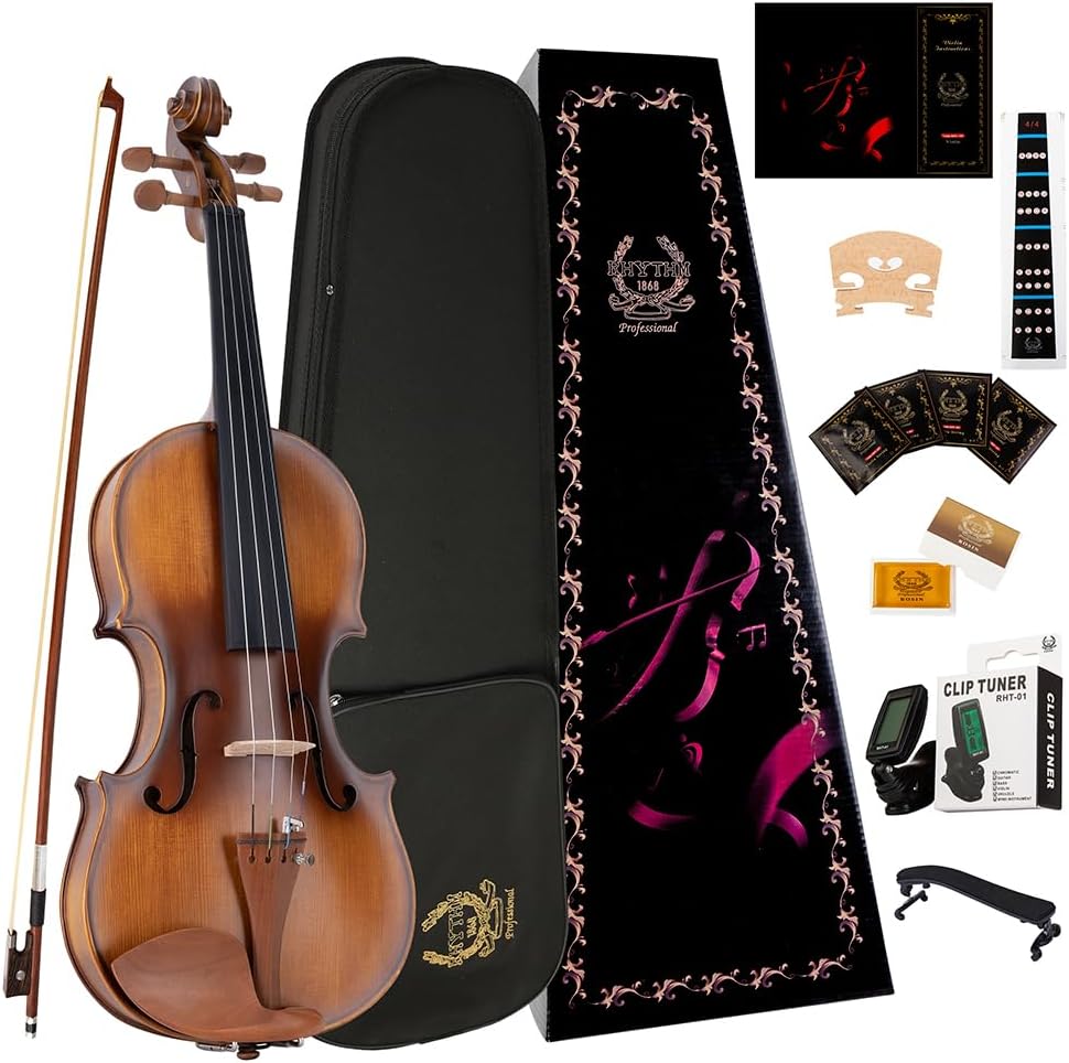 Rhythm Violin Set for Beginners,Acoustic Violins Starter Kit Package for Student,Beginners Fiddle with Hard Case, Rosin, Shoulder Rest, Bow, and Extra Strings (MATTE, Full)