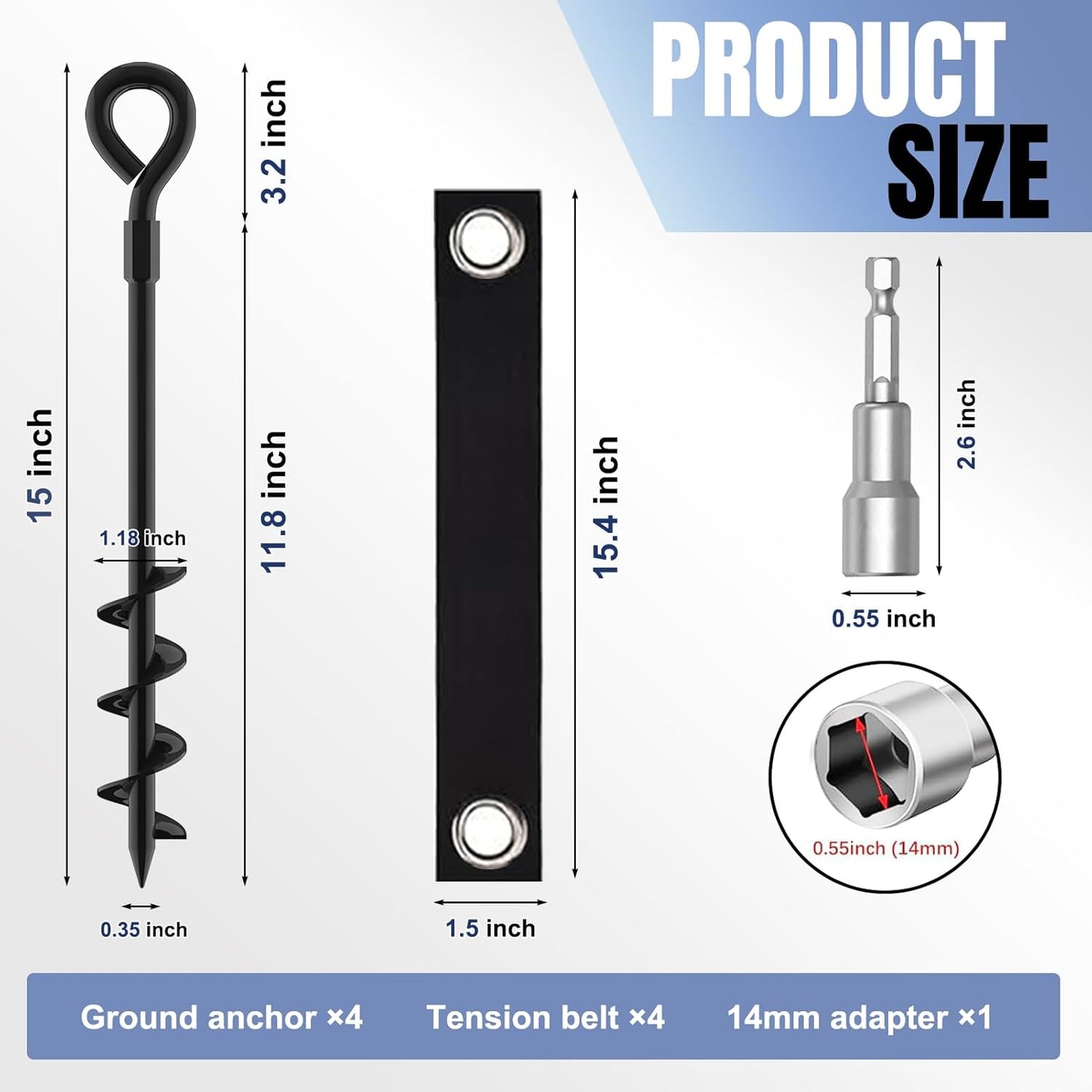 Eurmax USA Trampoline Stakes Screw in Tent Stakes Parts Heavy Duty for Canopies,4-Pack Outdoor Anchor Kit with Straps(Black)