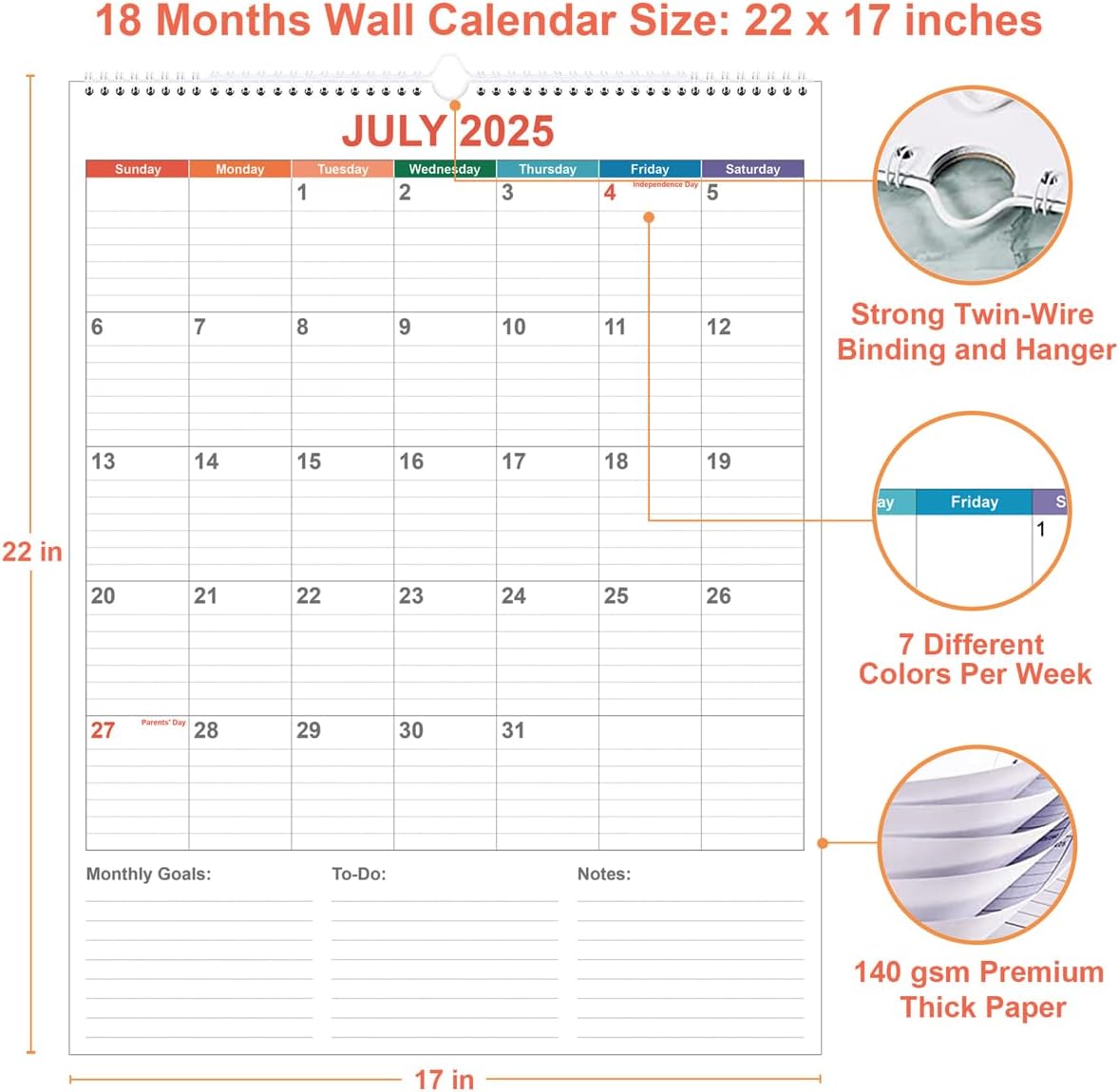 Large Calendar 2025-2026 with Spiral Bound - 18 Month Big Calendar from July 2025 to December 2026, Vertical Large Monthly Planner 2025-2026 for Wall, Calendario 2025-26, 22" x 17", Colorful