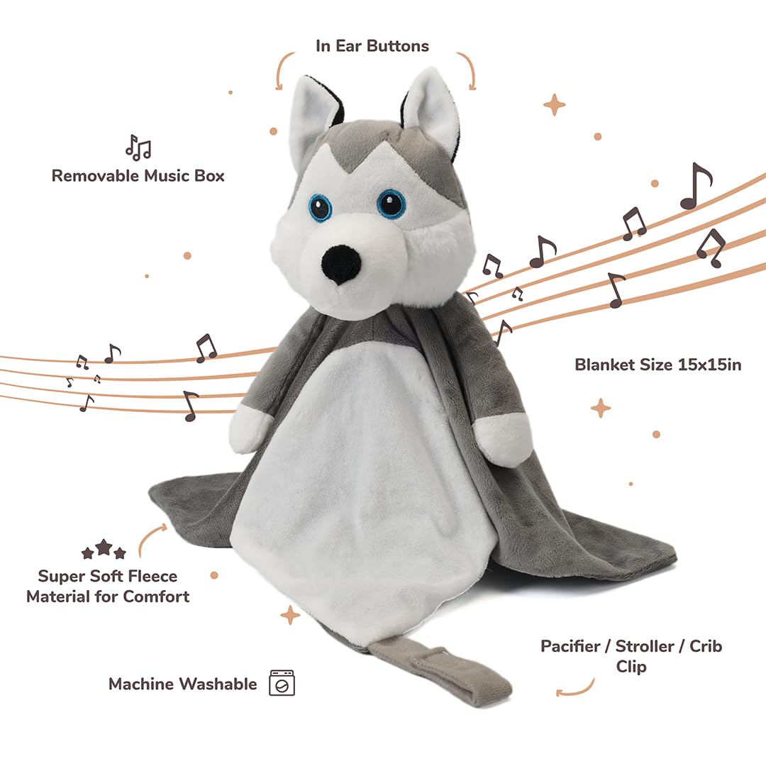 Love By Emi Baby Music Lovey Grey & White Husky, Baby Sleep Soother for Crib & Cuddle Bedtime, White Noise with Heartbeat & Lullaby, Plush Sound Toy, Stuffed Animal for Newborns, Infants & Toddlers