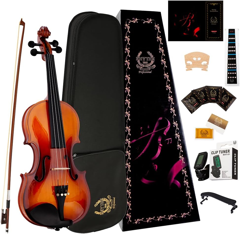 Rhythm Violin Set for Beginners,Acoustic Violins Starter Kit Package for Student,Beginners Fiddle with Hard Case, Rosin, Shoulder Rest, Bow, and Extra Strings (NATURAL, Full)
