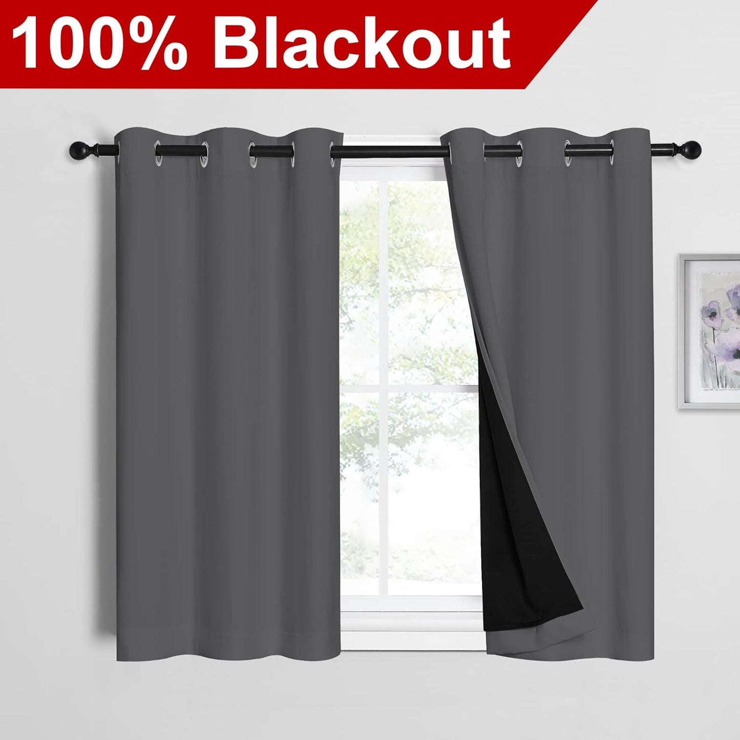 NICETOWN Grey 100% Blackout Room Warming Curtains 45 inches Long, Thermal Insulated Full Blackout 2-Layer Lined Curtains, Energy Efficiency Window Draperies for Dining Room (2 Panels, 42-inch W)