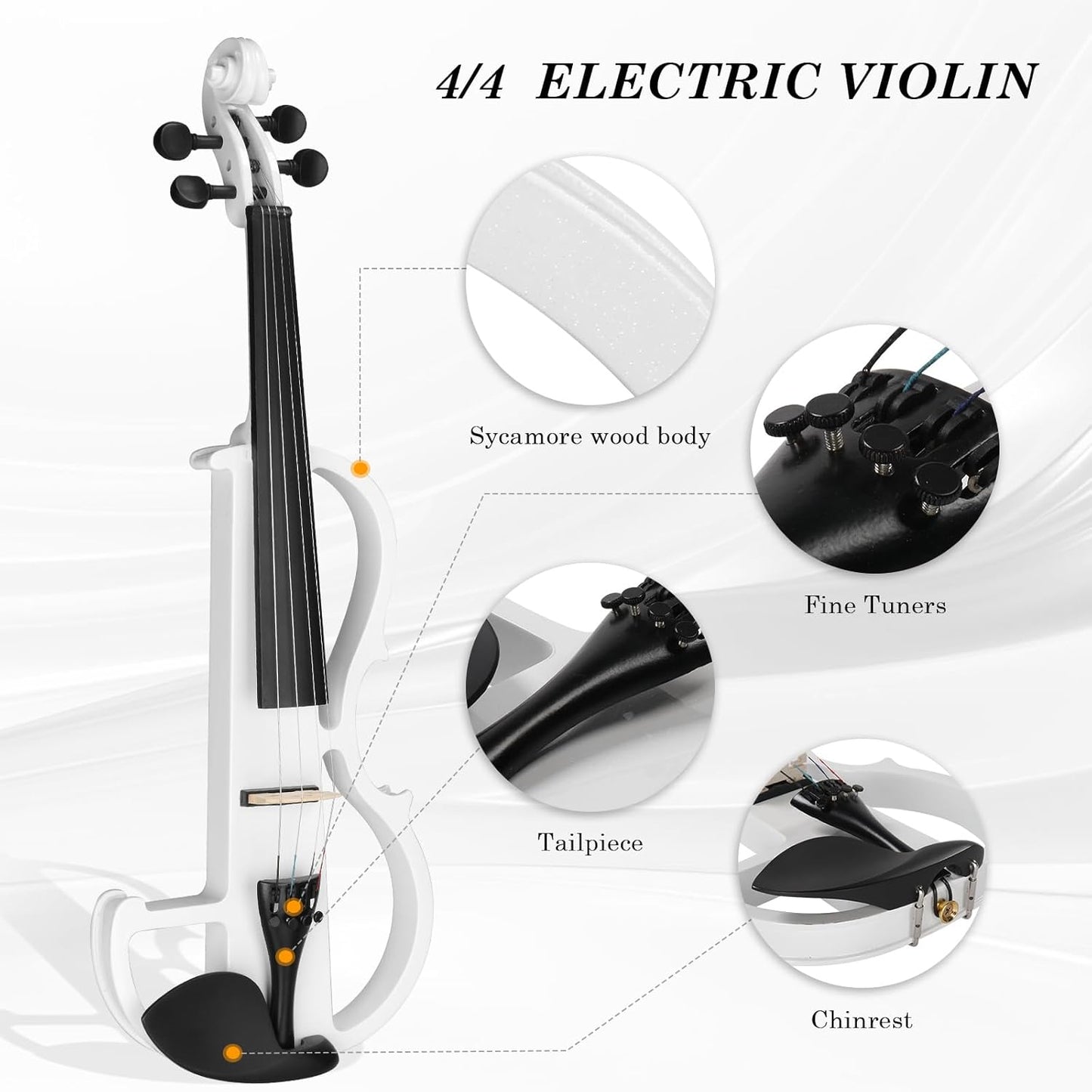 Ktaxon Full Size Electric Violin, 4/4 Acoustic Silent Electric Violin for Beginner Adults Teens with Ebony Fittings, Case, Bow, Headphone, Rosin and Extra String (White)