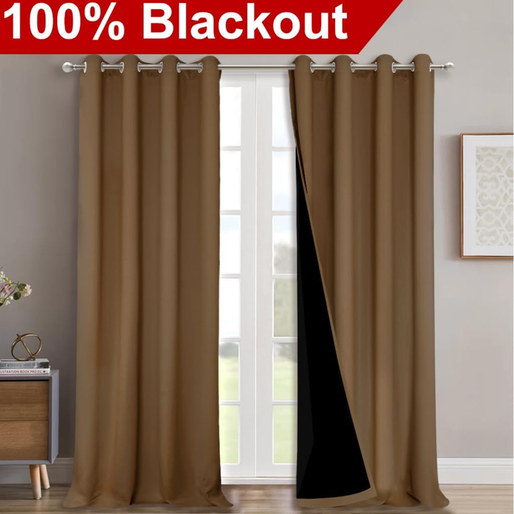 NICETOWN 100% Blackout Curtains for Windows, Pack of 2, Gold Brown, 52" W x 120" L, Super Heavy-Duty Black Lined Total Darkness Drapes for Bedroom, Privacy Assured Window Treatment for Patio