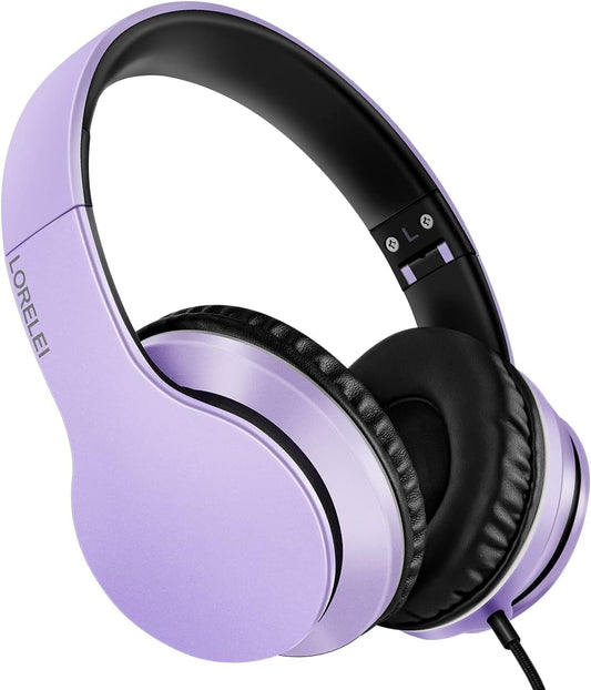 Lorelei X6 Over-Ear Headphones with Microphone, Purple-Black Lightweight Foldable & Portable Stereo Bass, Wired for Smartphone & Tablet, MP3 (1.45M No-Tangle)