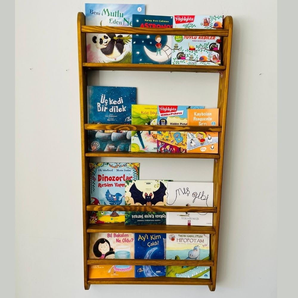 Handmade Solidwood Wall Mounted Montessori Kids Bookshelf, Solid Pine 4 Tier Book Display for Children Bedroom, Nursery Furniture Bookcase, Pine Tree Book Organiser for Living Room (Chestnut)