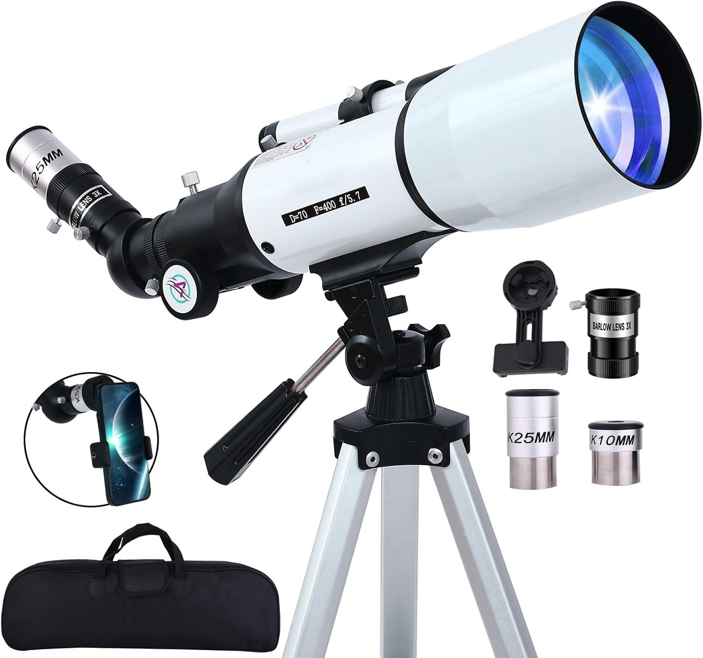 PISEZ Telescope for Adults & Beginner,70mm Aperture 400mm AZ Mount Astronomical Refracting Travel Telescope for Kids Beginners with Carry Bag, Phone Adapter
