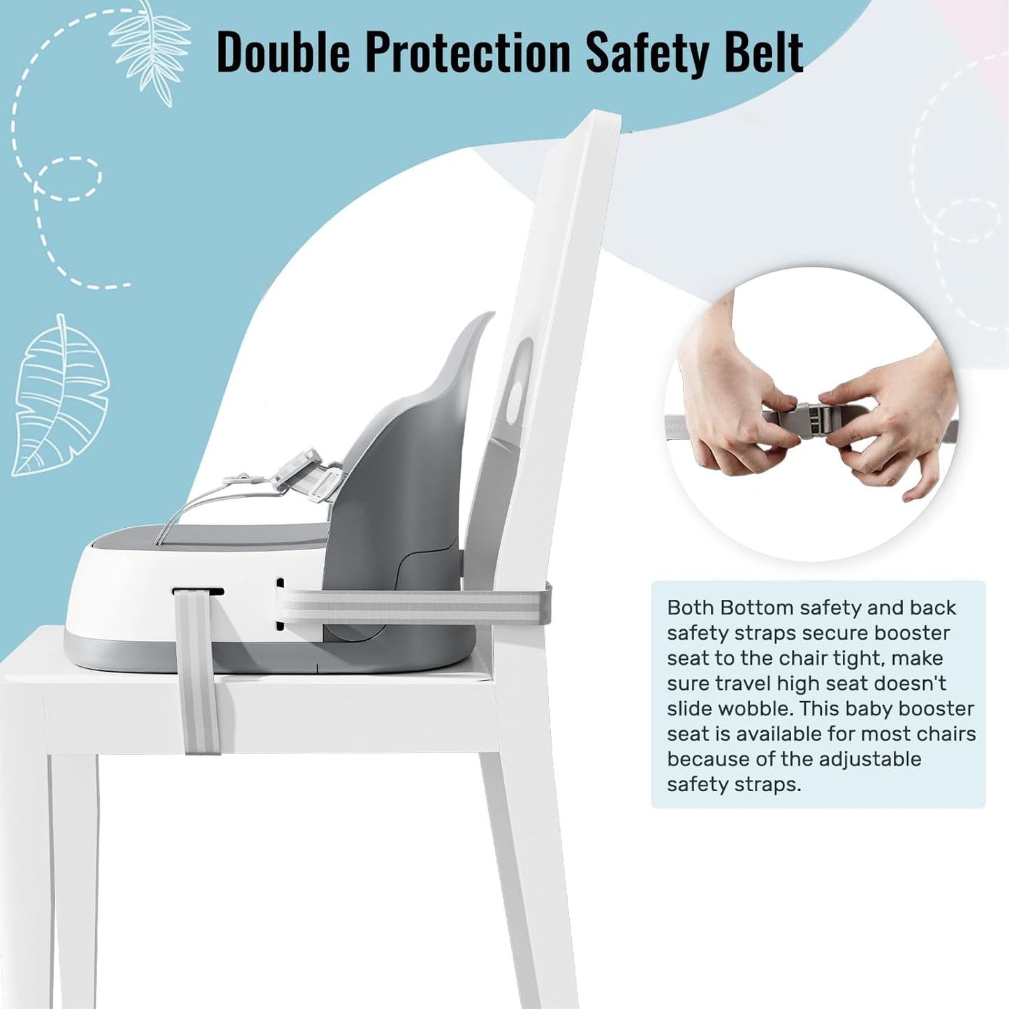 Baby Booster Seats, Toddler Booster Seat for Dining Table with Adjustable Straps, Portable Compact Portable Baby Chair for Dining and Travel (Grey)