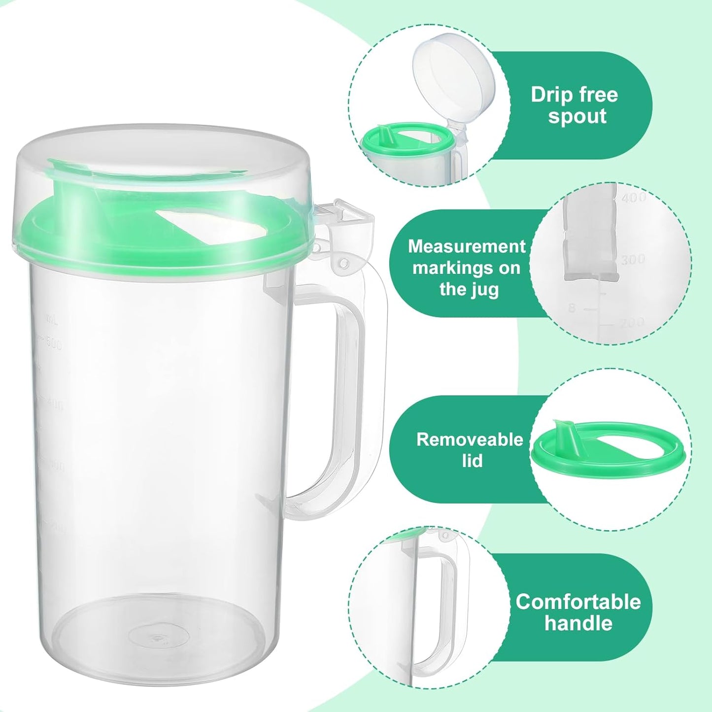 Newtay 6 Pack Early Learning Kids Easy Pouring Mini Pitchers Clear Plastic Pitcher with Lid and Handle Easy Pour Bottles 16 Oz. Jugs with Lids for Classroom Nursery Home (Light Green)