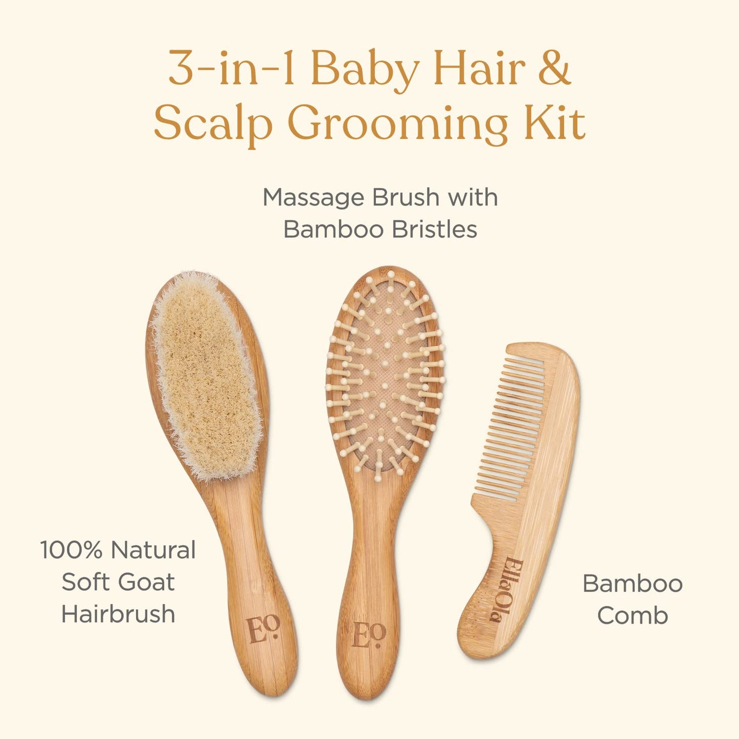 Natural Bamboo Hair Brush & Comb Set, 3 Piece - Cradle Cap Brush, Massage Hair Brush, Bamboo Comb for Toddlers, Newborns & Infants I Baby Registry Gift