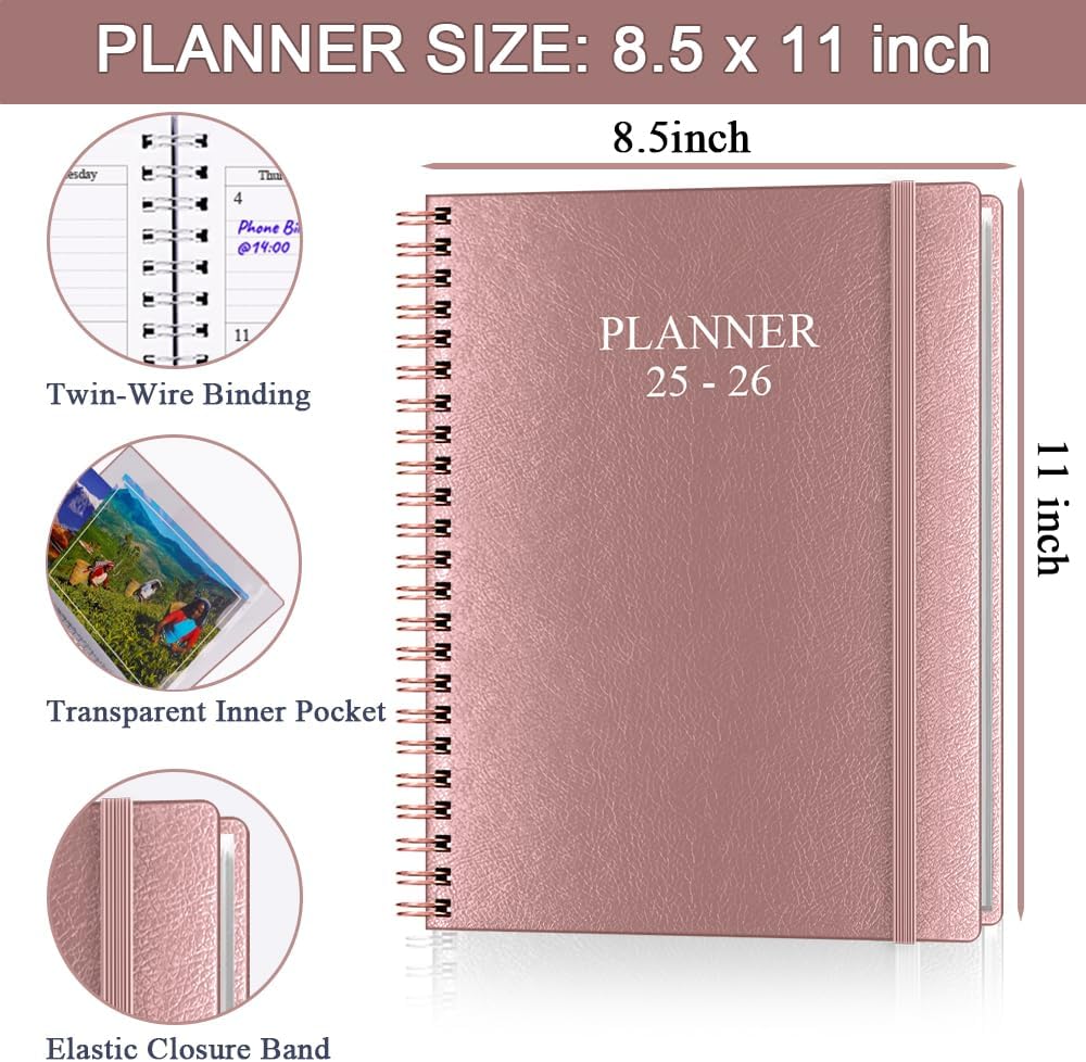 Planner 2025-2026 - Weekly & Monthly Planner Runs from Jul 2025 to Jun 2026, 8.5 x 11", 12 Month Tabs, Inner Pocket, PU Leather Cover with Twin-Wire Binding, Monthly Planners 2025-2026, Rose