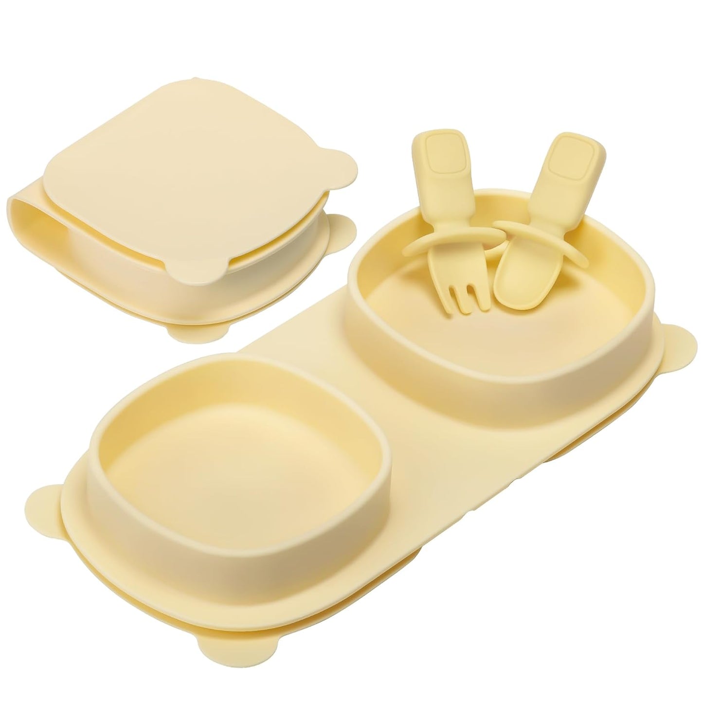 Silicone Foldable Novelty Dinner Plates,Suction Plates for Baby Travel Essential with Forks and Spoons,Microwave & Dishwasher Safe,Yellow