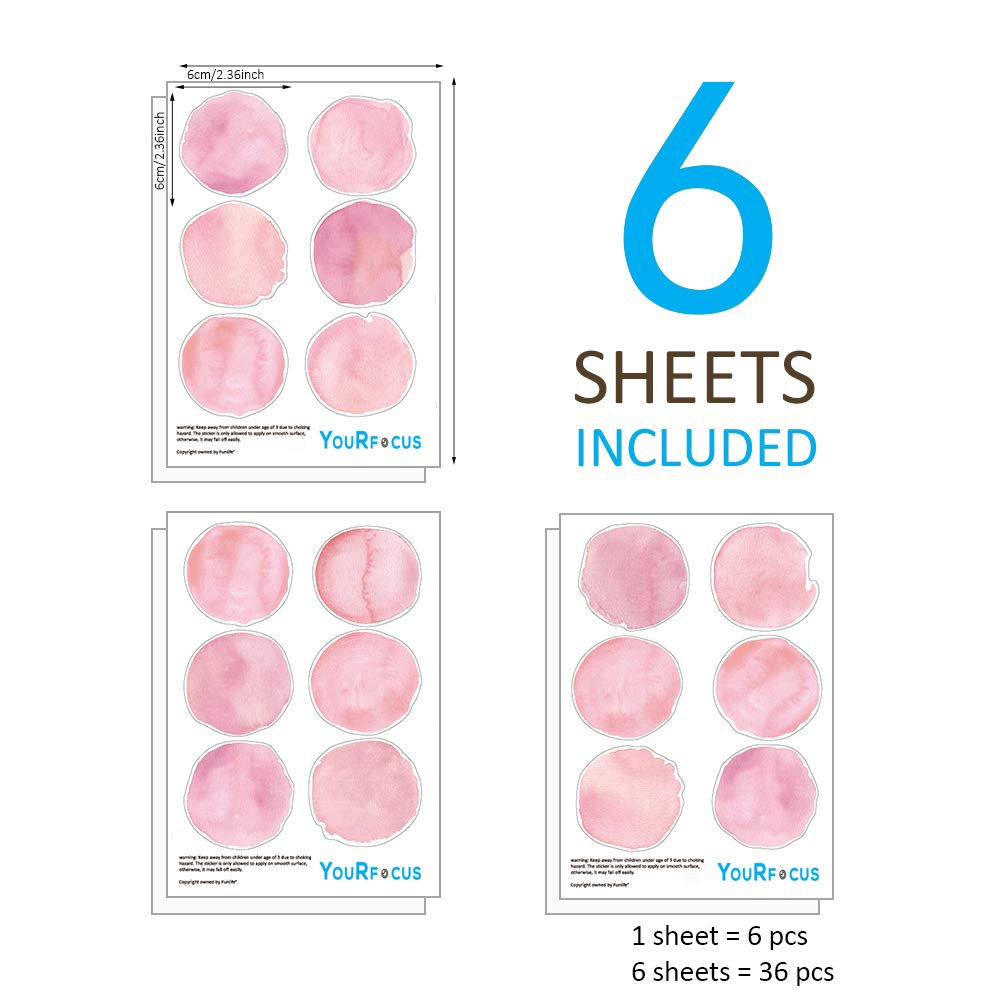 Pink Polka Dot Wall Decals 36pcs Watercolor Dots Wall Sticker for Kids, Baby Girls, Teens, and Nursery Room (6 Sheets) - Each Dot: 2.36 x 2.36 inch