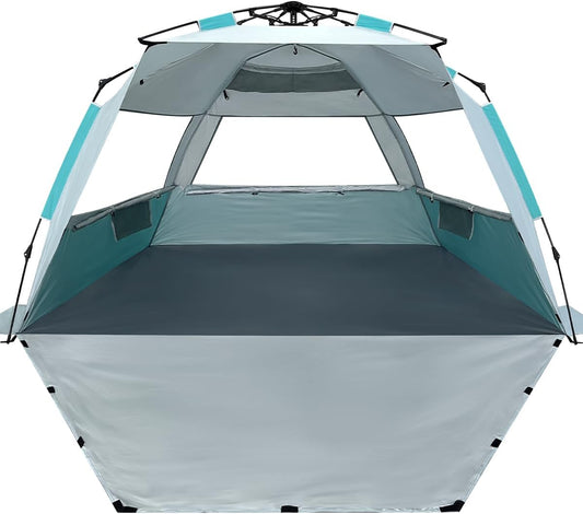 WhiteFang Deluxe Pop Up Beach Tent Sun Shade Shelter for 3-4/5-6 Person, UV Protection, Extendable Floor with 3 Ventilating Windows Plus Carrying Bag, Stakes, and Guy Lines