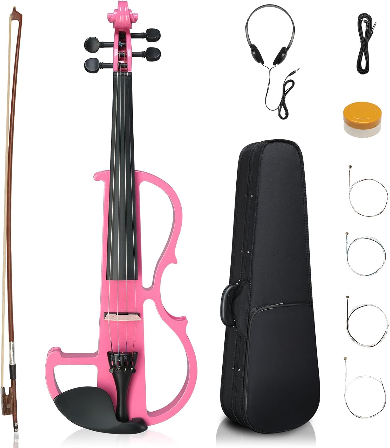 Ktaxon Full Size Electric Violin, 4/4 Acoustic Silent Electric Violin for Beginner Adults Teens with Ebony Fittings, Case, Bow, Headphone, Rosin and Extra String (Pink)