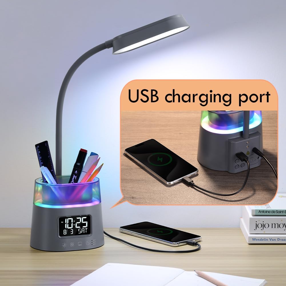 WILIT LED Desk Lamp for College Dorm Room Essentials, Students Study Lamp with Charging Station, Pen Holder, Clock & RGB Night Light, Office Desk Accessories, Table Lamp for Bedroom - Gray