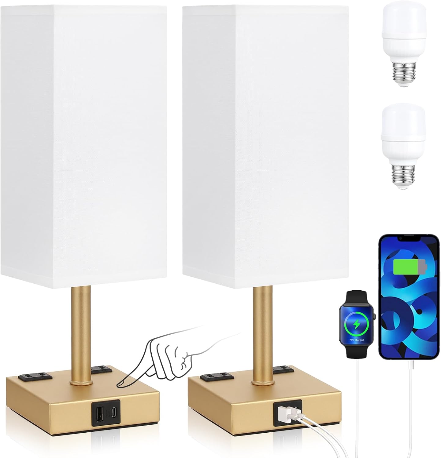 Gold Base Touch Lamps Set of 2 - Nightstand Lamp with USB-C + A Charge Ports & AC Outlets, 3-Way Dimmable Bedside Lamp, Small Table Lamp Light for Bedroom (Bulb Included)