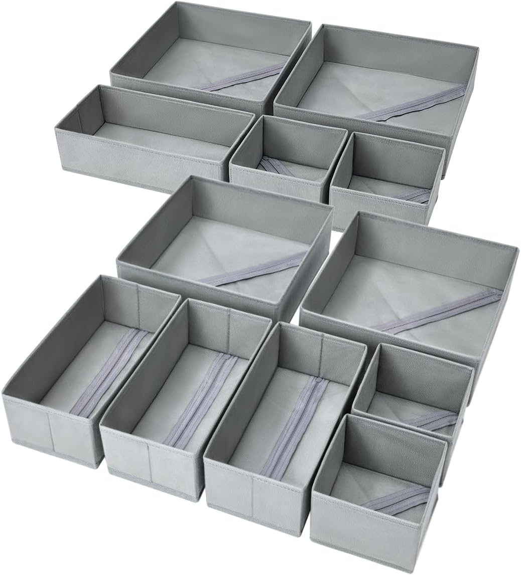 DIMJ Drawer Organizer Clothes, 12 Pack Dresser Organizer, Foldable Closet Organization and Storage Dividers, Fabric Dresser Drawer Organizers for Underwears, Nursery, Baby Clothes, Socks, Tie (Grey)