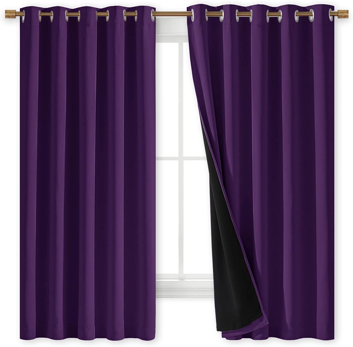 NICETOWN 100% Blackout Curtains with Black Liners, Royal Purple, 2 Panels, 62-inch W by 63-inch L, Thermal Insulated Full Blackout 2-Layer Lined Drapes, Energy Efficiency Window Draperies for Bedroom