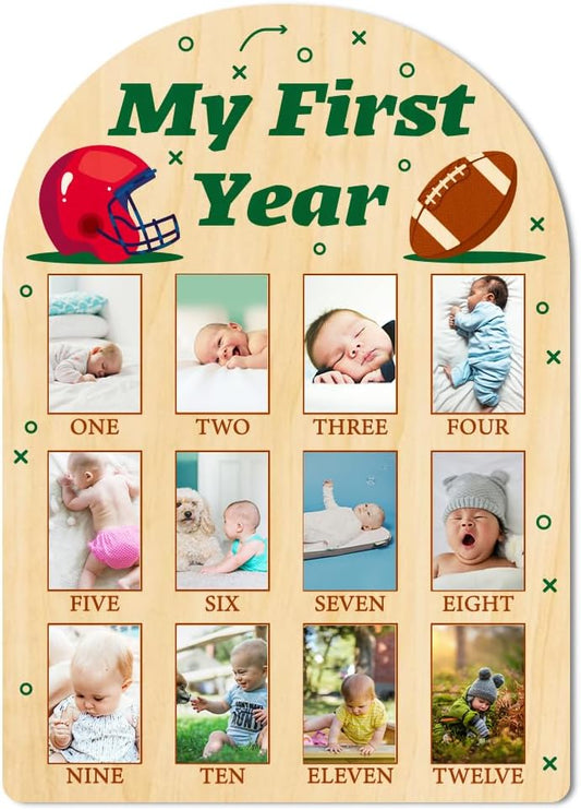 ORIGACH My First Year Baby Growth Photo Display Wood Board - 12 Months Newborn Milestones Photo Board - Neutral Baby Keepsake Frame 1st Birthday Party Nursery Decor New Mom Gift - Football