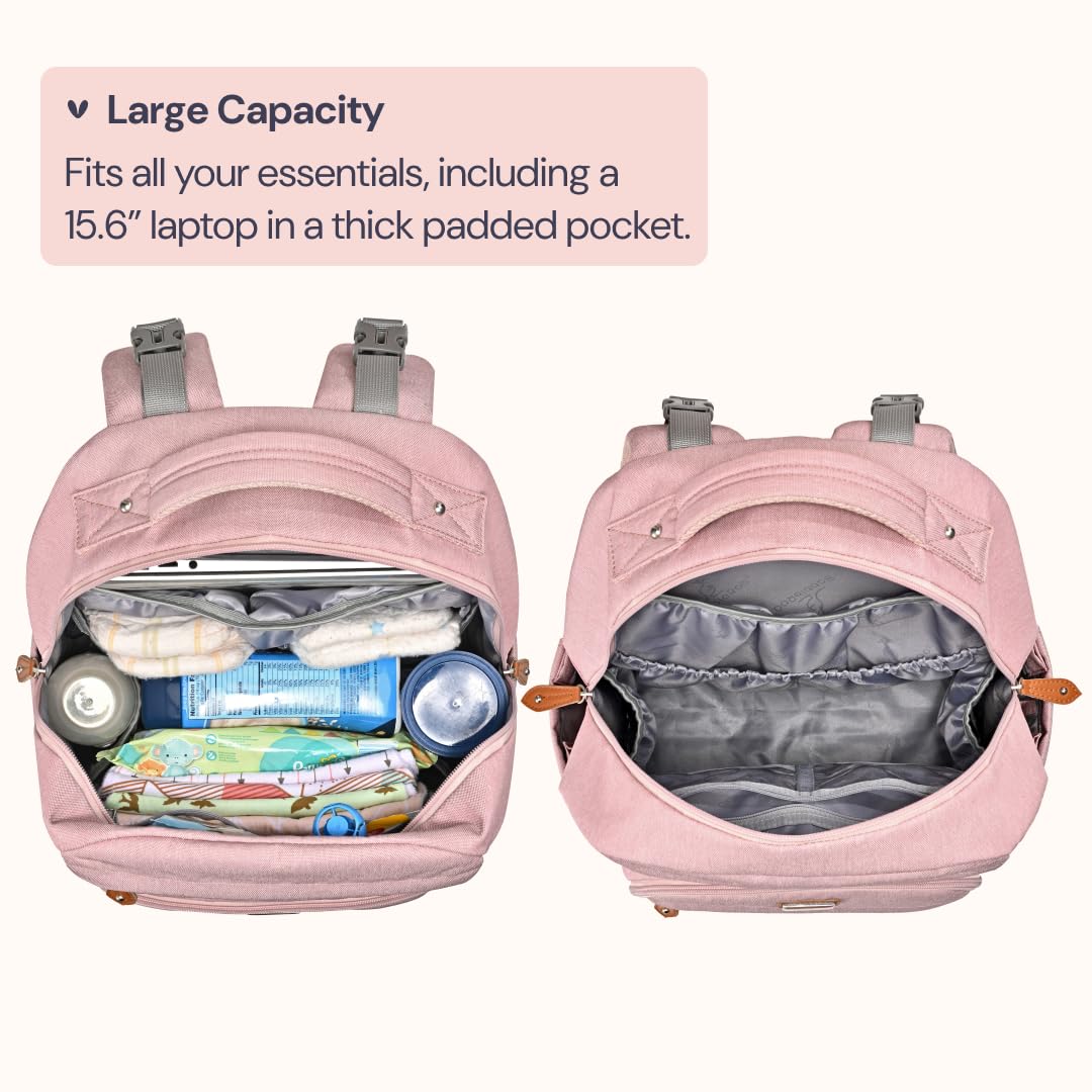BabbleRoo Diaper Bag Backpack, Travel Backpack with Changing Pad, Pacifier Case & Stroller Straps, Multifunction, Waterproof, Unisex – Pink