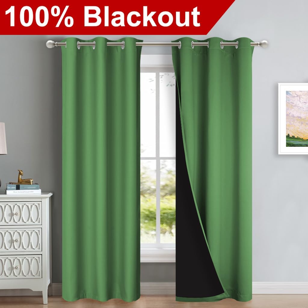 NICETOWN Forest Green Full Shade Curtain Panels, Pair of Thermal Insulated & Energy Efficiency Blackout Drapes for Living Room, Lined Silky Performance Window Dressing (37" Wide x 84" Long, Gray)