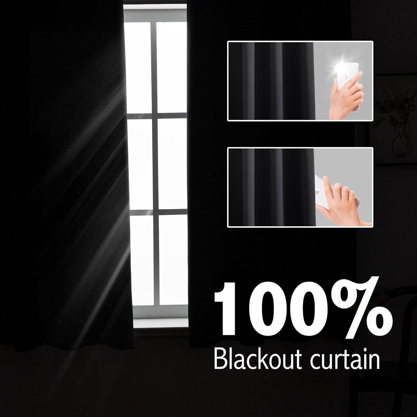 Anytime 100% Blackout Curtain Set, Thermal Insulated & Energy Efficiency Window Draperies for Guest Room, Full Shading Panels for Shift Worker and Light Sleepers（Black, 2 Panels, 52W x 54L）