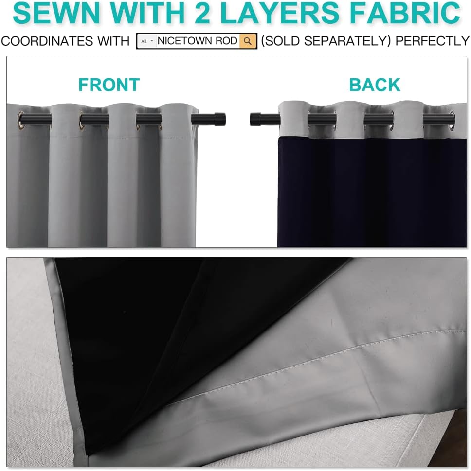 NICETOWN 100% Blackout Curtains with Black Liners, Thermal Insulated Full Blackout 2-Layer Lined Drapes, Energy Efficiency Window Draperies for Bedroom (Silver Grey, 2 Panels, 52-inch W by 63-inch L)