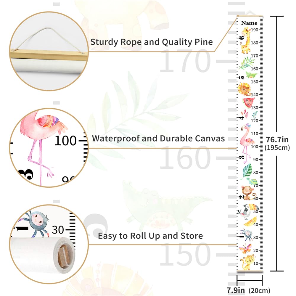 Personalized Growth Chart for Kids, Baby Height Chart with Custom Name, 77"x7.9" Canvas and Beige Wood Height Measuring Rulers for Boys Girls Removable Wall Ruler Hanging for Nursery Decor - Animals