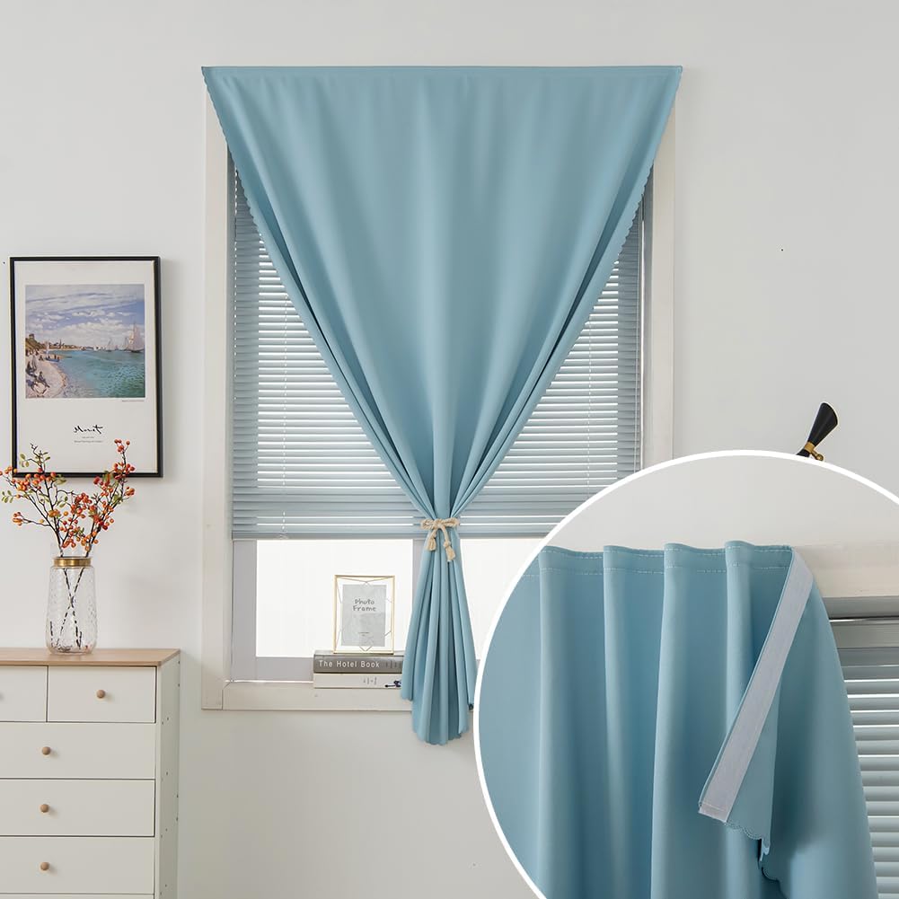 Self Adhesive Curtains, Black Out Shade for Window, Blackout Fabric Temporary Window Coverings Easy to Hang Curtains No Rod Needed, Use for Bedroom, Room, Kitchen, 35" W X 71" L, Lake Blue, 1 Panel