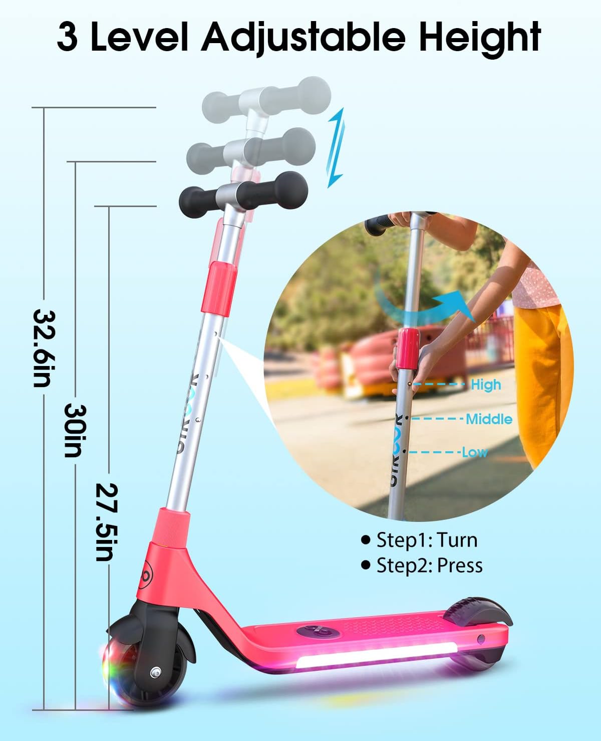 Gyroor Kids Electric Scooter with LED Lights – 2-Level Adjustable Handlebar, 5 MPH Safe Speed, Foot Sensor Start, Rear Brake, 2-Hour Charge, 121 lbs Max Load, for Boys & Girls Ages 6-12